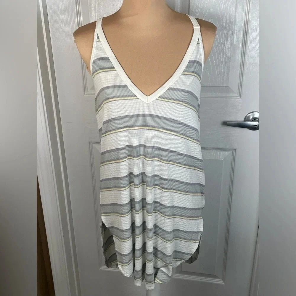 🩶 Free People Loui Stripe Tank Top Tunic Cami Ivory Gray Combo Medium - Picture 7 of 10